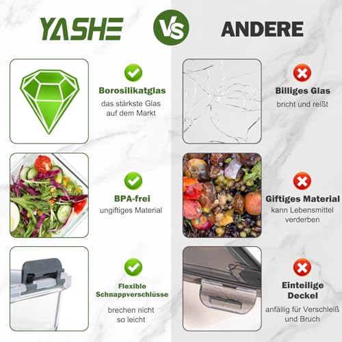 YASHE Glass Container with Lid, 10 Pieces, Stackable & Airtight Meal Prep Boxes, Glass for Dishwasher-Safe, Microwave & Freezer Safe, Leak-Proof, BPA-Free Glass Jars with Lid Set