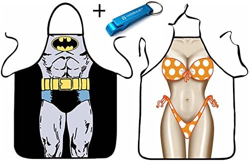FASHION ALICE 2PCS Batman Bikini Girl Upgrade Thicker Cartoon Hero Couple Kitchen BBQ Apron Funny Personality Sexy Originality Cooking Aprons Gift for Men and Women,Including Key Ring Bottle Opener