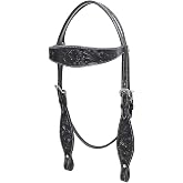 HILASON Western Horse Headstall Breast Collar Set Black | Genuine American cowhide leather, hand-tooled design, stainless hardware, standard horse size