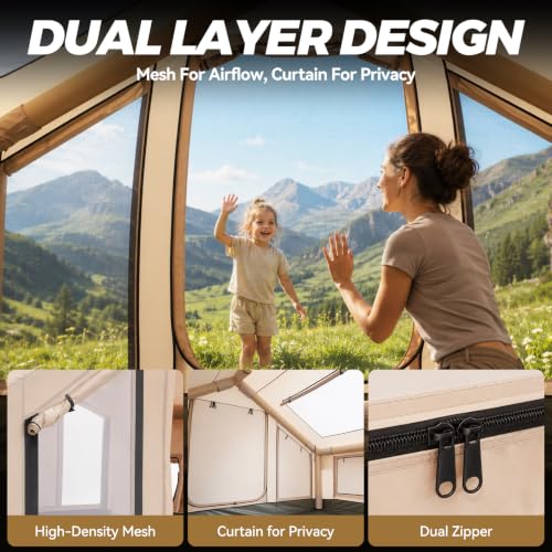 CHERIMOR Inflatable Tent with Skylight, Auto Inflation Pump, 4-6 Person, 445 FT³ Interior, Double-Layer Waterproof Oxford, Hot Tent with Stove Jack, Quick Setup Blow Up Tent for Camping & Hiking