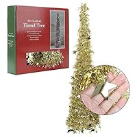 Yugust Artificial Christmas Tree Metal Stand, Golded Tinsel Coastal Glittery Christmas Tree, 4Ft Collapsible Pop Up Tinsel Xmas Trees with Plump Sequin Holiday Decorations - Easy to Assemble