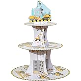 Uniquer 3 Tier Excavator 3D Crane Model Cardboard Cupcake Stand Dump Truck Tower Crane Donuts Dessert Tower Cupcake Holder for Displays Construction Theme Birthday Party Decor