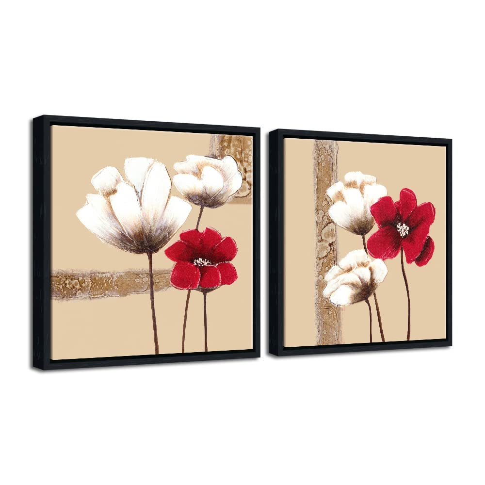 Wieco Art Red and White Flowers Black Framed Modern 2 Panels Canvas Prints Artwork Abstract Floral Pictures on Canvas Wall Art for Bedroom Home Decorations