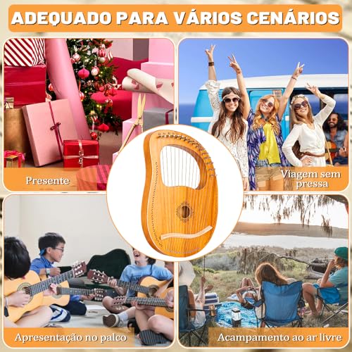 Harpa de Lira 16 Cordas com Chave de Afinação de Bolsa, Harpa de Lira de Madeira de Mogno, Mini Instrumento de Harpa