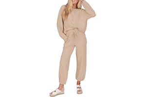 SHEWIN Women's 2 Piece Outfits Waffle Knit Lounge Sets Casual Long Sleeve Tops Matching Drawstring Pants Tracksuit Set
