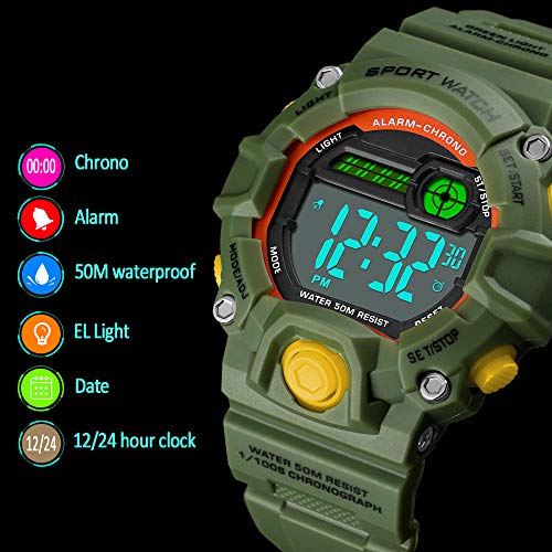 Venhoo Kids Digital Watches Outdoor Sport Waterproof Electronic LED Alarm Stopwatch Wrist Watch for Kids Boys Girls-Army Green - Thumbnail 2