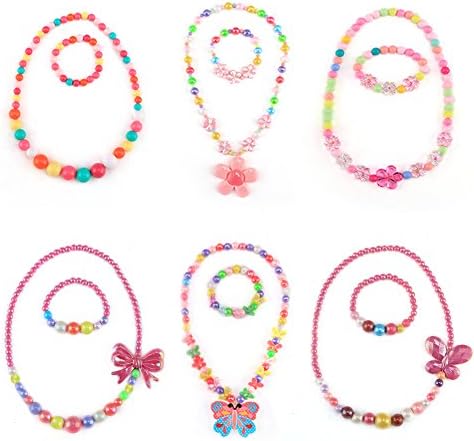 JIMUKEE Little Girl Birthday Party Favor Jewelry Kids Toddler Pretend Play Flower Necklace Bracelet Pack of 6