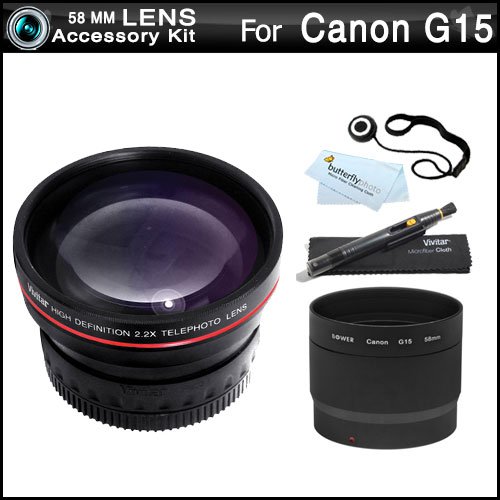 58mm Telephoto Lens Kit For Canon PowerShot G15, PowerShot G16 Digital Camera Includes Necessary Replacement LA-DC58L Adapter + High Definition 2x Telephoto Lens + LensPen Kit + Cap Keeper + More