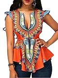Shele Women African Printed Slim Fit Cap Sleeve Clubwear Party Dashiki Shirt Blouse Top