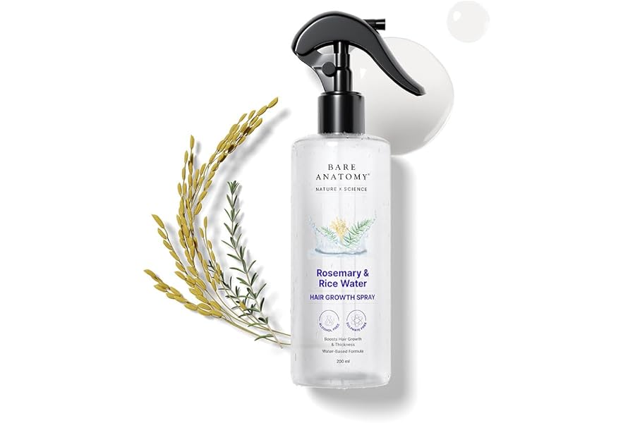 Bare Anatomy Nature x Science Rosemary Water Spray for Hair Growth & Hair Thickness with Rice Water |100% Natural Extract | Soft & Smooth Hair| Controls Hairfall| Non-Greasy & Fast Absorbing | 200ml
