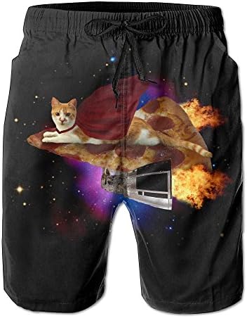 Men's Cat On Pizza In Space Funny Pizza Cat Stylish Beach Short Boardshot Trunks For Leisure