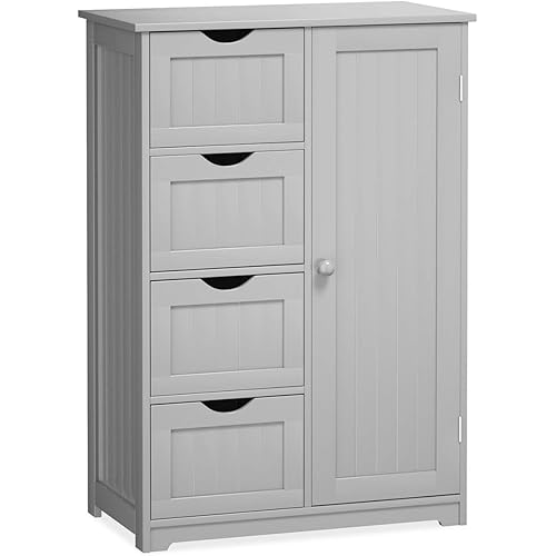 Giantex Bathroom Floor Cabinet Wooden with 1 Door & 4 Drawer, Free Standing Wooden Entryway Cupboard Spacesaver Storage Cabinet (Gray)