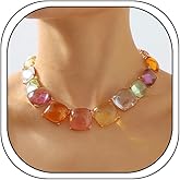 liveliwithmin Colorful Rhinestone Beaded Necklace Earrings Large Resin Chunky Neckalce for Women Boho Colorful Jelly Choker Necklace Dainty Crystal Geometric Necklace Earrings Jewelry Gift