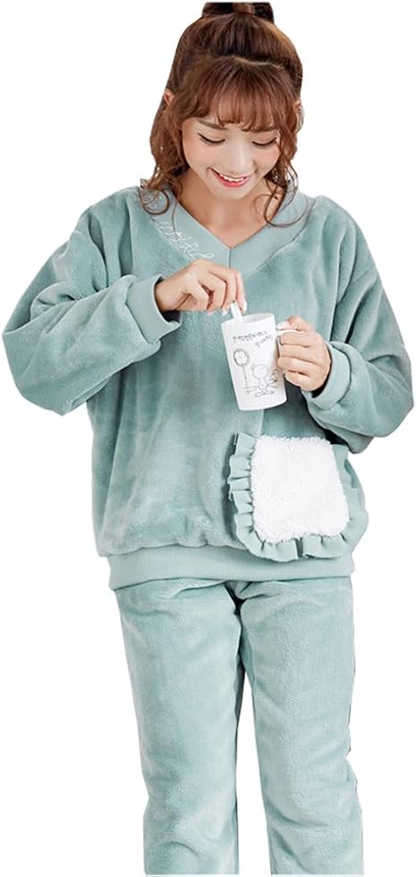 Amazon Fevon パジャマ レディース 長袖 上下セット 秋冬 フランネル 暖かい ルームウェア もこもこ Vネック 可愛い ポケット付き ロングパンツ 部屋着 ふわふわ 柔らかい ナイトウェア 寝間着 寝巻き 便利服 パジャマ ルームウェアセット 通販