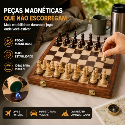 Jogo de Xadrez e Damas 29cm Magnético em Madeira Dobrável [VALUANCE] | Luxo, Profissional