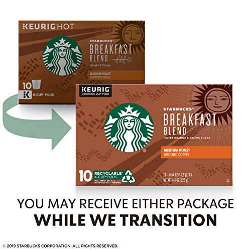 STARBUCKS MEDIUM ROAST K-CUP COFFEE PODS — BREAKFAST BLEND FOR KEURIG BREWERS — 1 BOX (10 PODS)