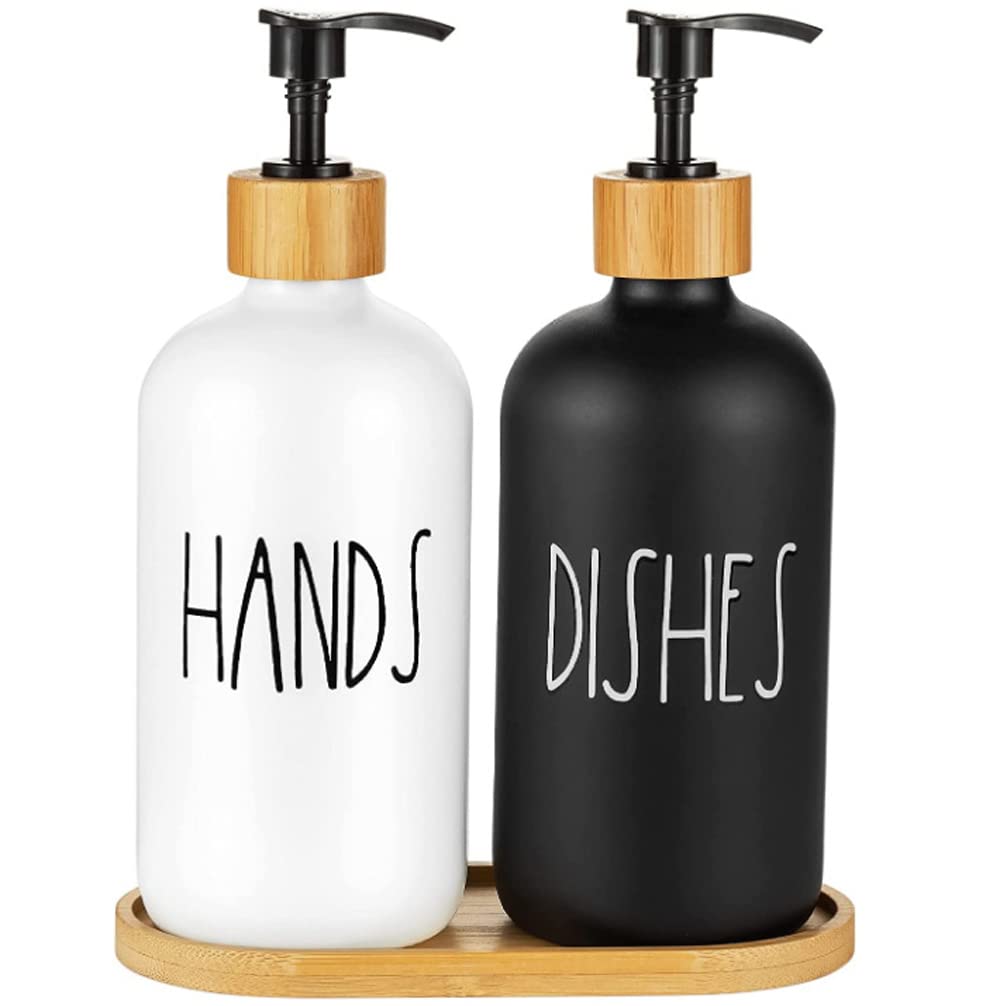 Hniuyun Glass Soap Dispenser Set of 2, Glass Soap Dispenser Bottle with Pump, 16 Oz Refillable Liquid Hand Jar Dispenser for Bathroom, Countertop, Kitchen, Laundry Room (Black & White)
