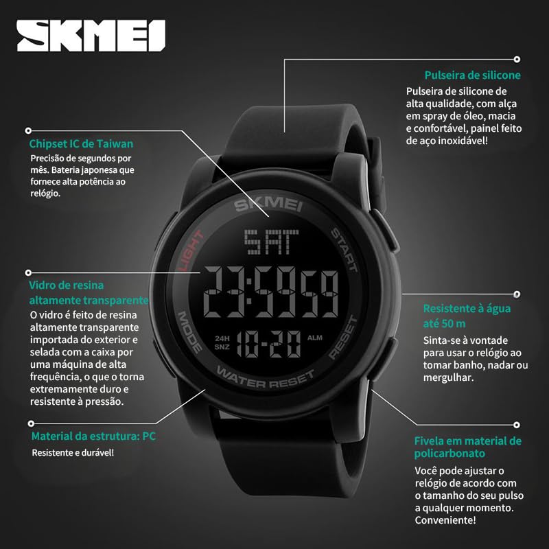 Relógio Digital Masculino Esportivo, Resistente à Água 50M, Display LCD Clara, Pulseira de Silicone Premium Macia, Multifuncional (Cronômetro/Alarme), Leve para Academia e Corrida Eletrônic