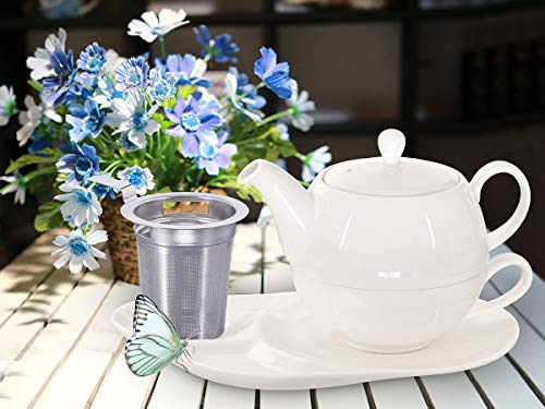 Buchensee Tea for One mit Sieb Lena 500ml aus Crystal Bone China Porzellan in fein-cremigem WeiÃ. Teekanne + Teetasse + Untersetzer mit Ablageflächen – Bild 3