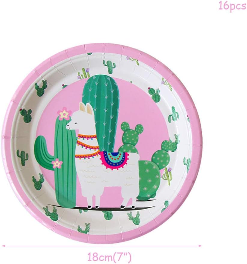 QUQUET Alpaca Theme Party Supplies Unicorn Llama Cactus Tableware Set Paper Plates Cups Tablecloth Birthday Party Decoration For Kids@7inch_plate