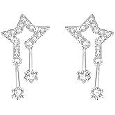 DIAMANTIO Silver Star Drop Earrings with CZ Crystals – 18K Gold Plated, Dainty Celestial Dangling Earrings for Women, Hypoallergenic Sterling Silver Statement Jewelry