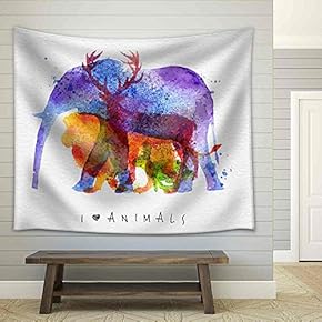 Color Animals,Elephant, Deer, Lion, Rabbit, Drawing Overprint on Watercolor Paper Background Lettering I Love Animals - Fabric Wall Tapestry Home Decor - 51x60 inches