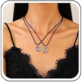 Sttiafay Layered Leather Choker Necklace Black Sun Pendant Necklace Vintage Spiral Swirl Necklace Leather Cord Chain Necklace Statement Sunflower Necklace