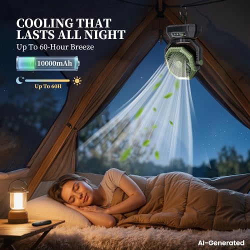 AJVV Camping Fan, Oscillating Battery Powered Portable Rechargeable Hanging Tent Fan with Light and Remote for Camp, Outdoor, Emergency Power Outage, Fishing, RV Travel, Green