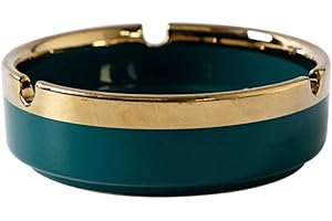 Ceramic Gold Edge Ashtray, Round Ashtray for Cigarette, Home Office Coffee Bar Ashtrays, Outdoor Ash Tray (Green)