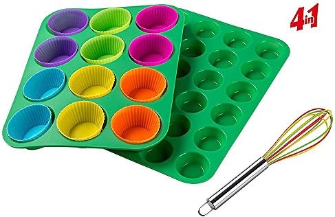 Cupcake Mold Silicone Muffin Molds Muffin Pans 12 & 24 with Tray Baking Set Cups 12 Packs Mini/Large Multi Colors and Egg Whisk Non Stick, BPA Free Dishwasher Safe Green Tins for Mother's Day Gift