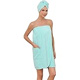 Air Curvey Soft Wrap Towel for Women Lightweight Spa Body Wrap Shower Wrap Robe Adjustable Closure Bathrobe with Pocket Blue S/M