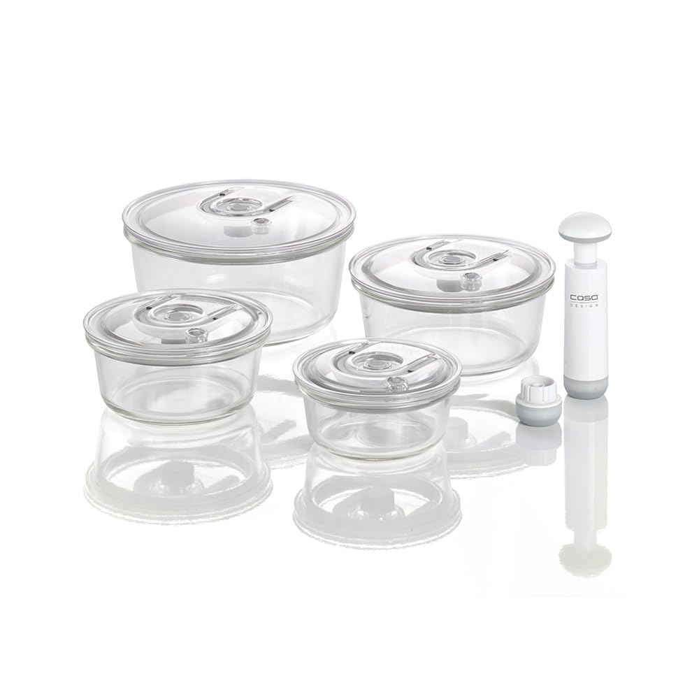 CASO VacuBoxx R-Set - 4 - Extremely Stable Round Vacuum Containers Made of Borosilicate Glass, BPA-Free, Heat Resistant, Dishwasher Safe, Freezer Safe, Tasteless, Accurate