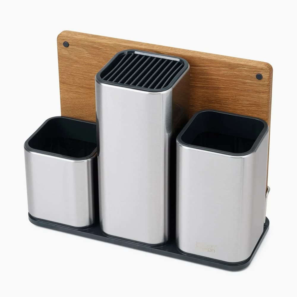 Joseph Joseph Counterstore - Utensil & Knives Storage Pot and Wooden Chopping Board Set, Worktop Organiser – Stainless Steel