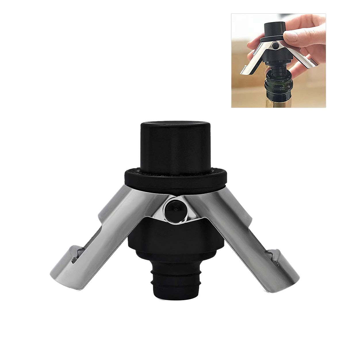 NISHZHU Stainless Steel Champagne Stopper, Champagne Bottle Stopper with Pump, Suitable for Champagne Bottles, Black