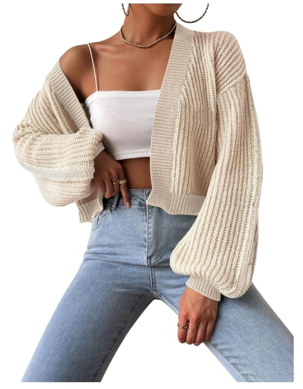 Photo 1 of COZYEASE Women's Color Block Crop Cardigan Top Bishop Long Sleeve Open Front Sweater Pure Apricot X-Large