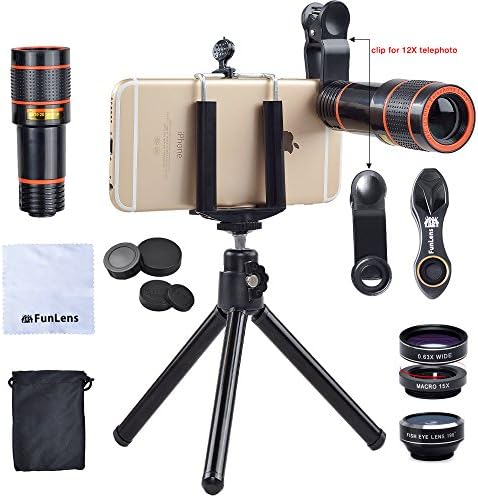 Cell Phone Camera Lens Kit | 4 in 1 Universal Clip 12x Zoom Telephoto Lens Tripod for iPhone 7/7 Plus /6s/6s Plus/6/5, Samsung S7/S7 Edge &amp; Most Smartphones
