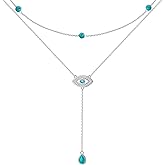 Lonyinlg Lariat Turquoise Evil Eye Stacked Layered Necklace for Women 925 Sterling Silver Long Y Pendant Necklace Dainty Layered Drop Necklace Protection Amulet Charm Jewelry Gift for Women