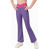 Haloumoning Girls Flare Leggings Cross High Waisted Bootcut Pants Kids Color Block Full Length Bell Bottoms 5-14Y