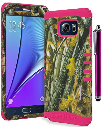 Samsung Galaxy Note 5 Phone Case, Bastex Hybrid Soft Hot Pink Silicone Cover Hard Leaf Camo Design Kickstand CaseINCLUDES STYLUS