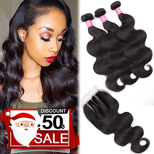 9A Remy Brazilian Virgin Body Wave Hair 3 Bundles with Closure (24 26 28+20 Three Part,Natural Black) Unprocessed 100% Human Hair Weave Bundles with 4X4 Lace Closure Brazilian Body Wave
