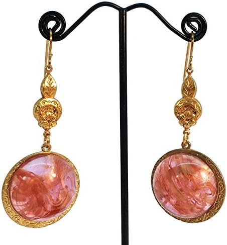 Pink Lucite Cameo Globes Brass Dangle Earrings, OOAK, Hypo Allergenic, Nickle Free