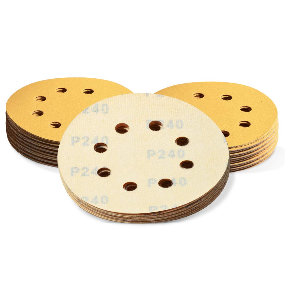 SPEEDWOX 50 Pcs 5 Inches 8 Hole Sanding Discs 240 Grit Dustless Hook and Loop Sandpaper for Random Orbital Sander Yellow Finishing Discs for Automotive Woodworking