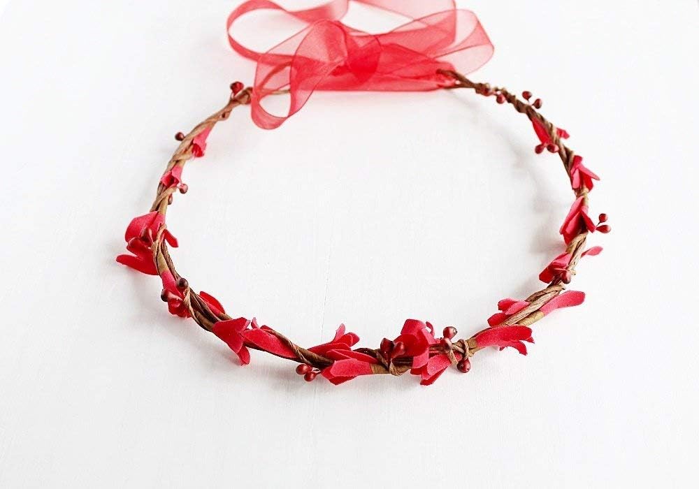 Red Floral Crown, Flower Girl Halo, Boho Bridal Headband