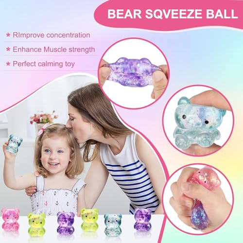 Beauenty 12 Pack Bear Squishy Toys, Glitter Colorful Sensory Stress Toy for Anxiety Relief, Fidget Toys for Kids Adult, Squeeze Balls Bulk, Party Favors Goodie Bags Stuffer for Kids (random color)