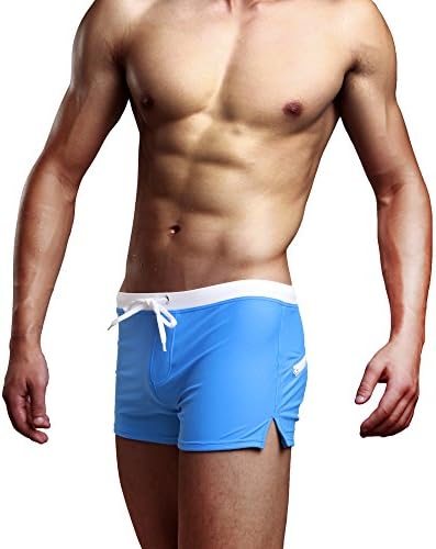 Swimsuit Men Swim Briefs Trunk Square Leg Cut Swimwear Boardshort Beach Short Surfwear with Pocket Blue