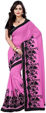 Kenil Fabrics Women's Georgette Saree With Sequense Work Blouse Free Size Baby Pink