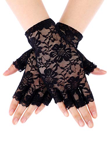 Skylety Sunblock Fingerless Bridal Lace Gloves Short Floral Gloves for Women (Black 4)