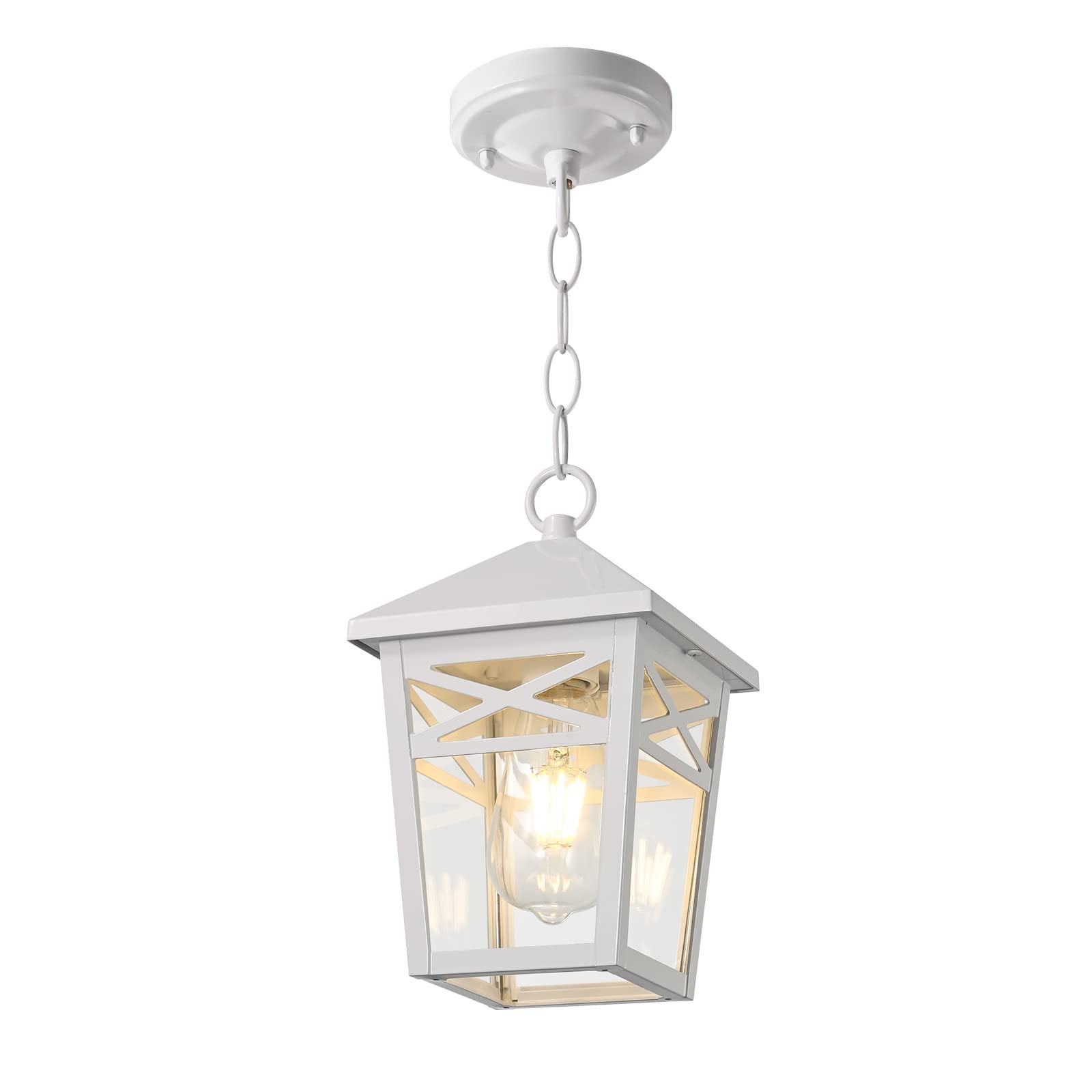Photo 1 of Outdoor Pendant Light Fixture for Porch, 1-Light Exterior Hanging Porch Lantern with Clear Glass, Exterior Pendant Lantern with Adjustable Chain for Patio Entryway Doorway White
