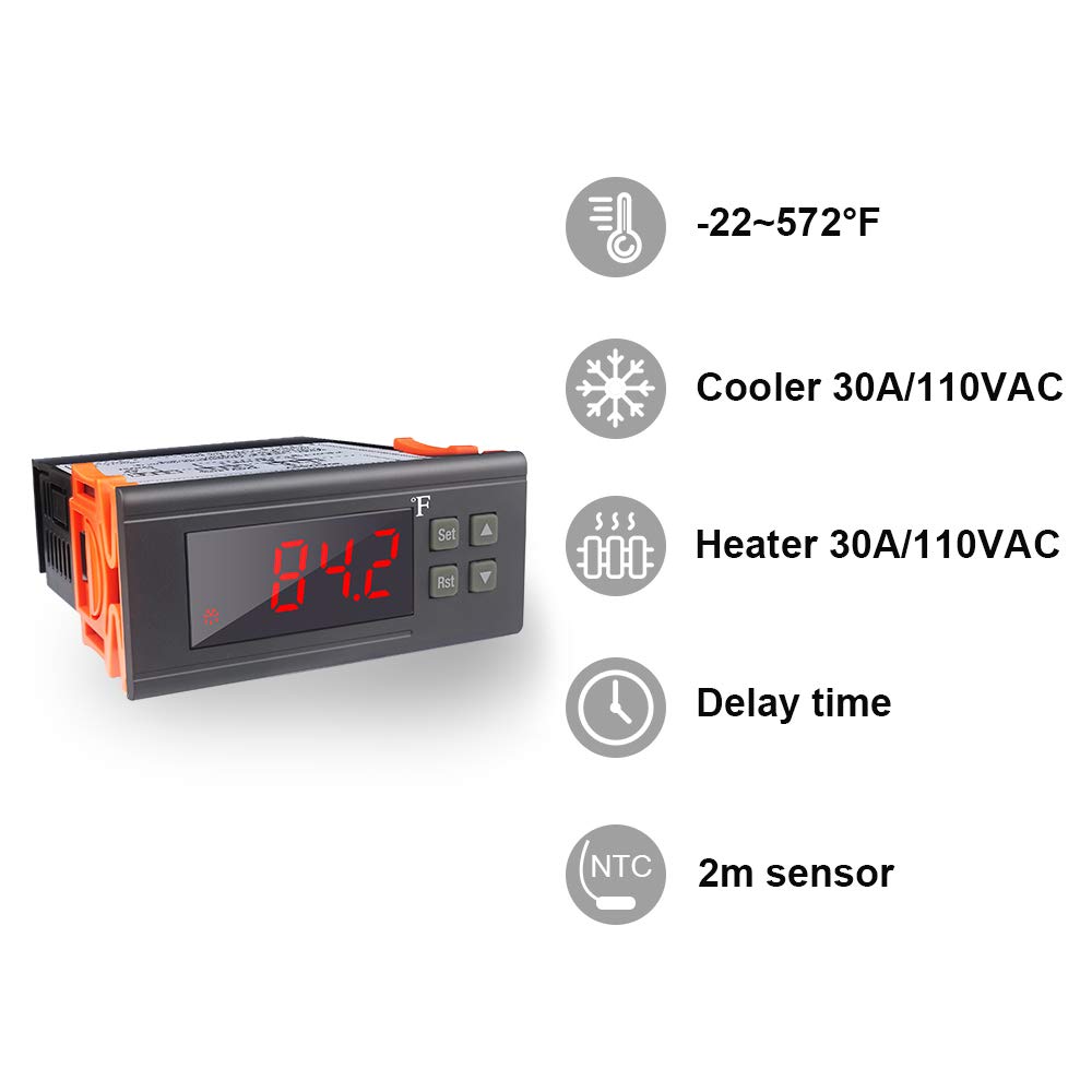 KT8230 Digital Thermostat 120VAC 30A Fahrenheit Temperature Controller Regulator -22~572℉ Heating Cooling for Incubator Brooder Refrigerator Fermenter Greenhouse: Industrial & Scientific