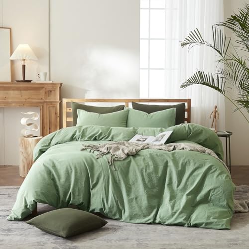 AMWAN Sage Green Duvet Cover Full Size Bedding Set - Soft 100% Washed Cotton, Solid Color 3 Piece Comforter Cover With 2 Pillow Shams, Boho Light Green